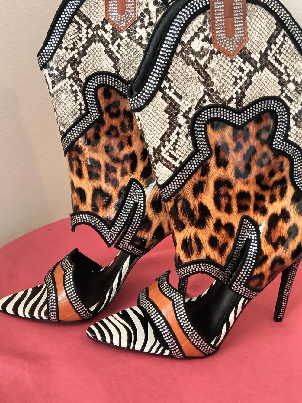 Cape Robbin Leopard & Snake-Print Rhinestone Stiletto Sandal